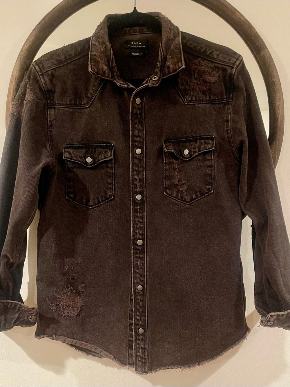 Zara Black Distressed Denim Shirt Jacket